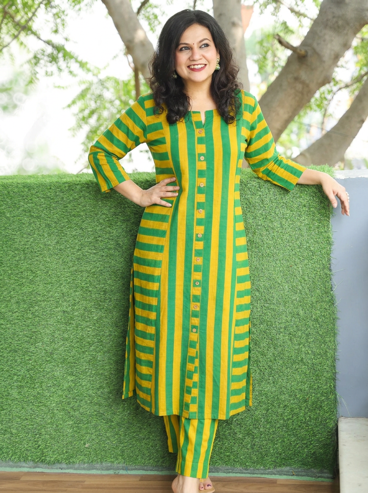 Anjali Neon Green Natural Ajrakh Print Button Down Panel 2 Piece Set