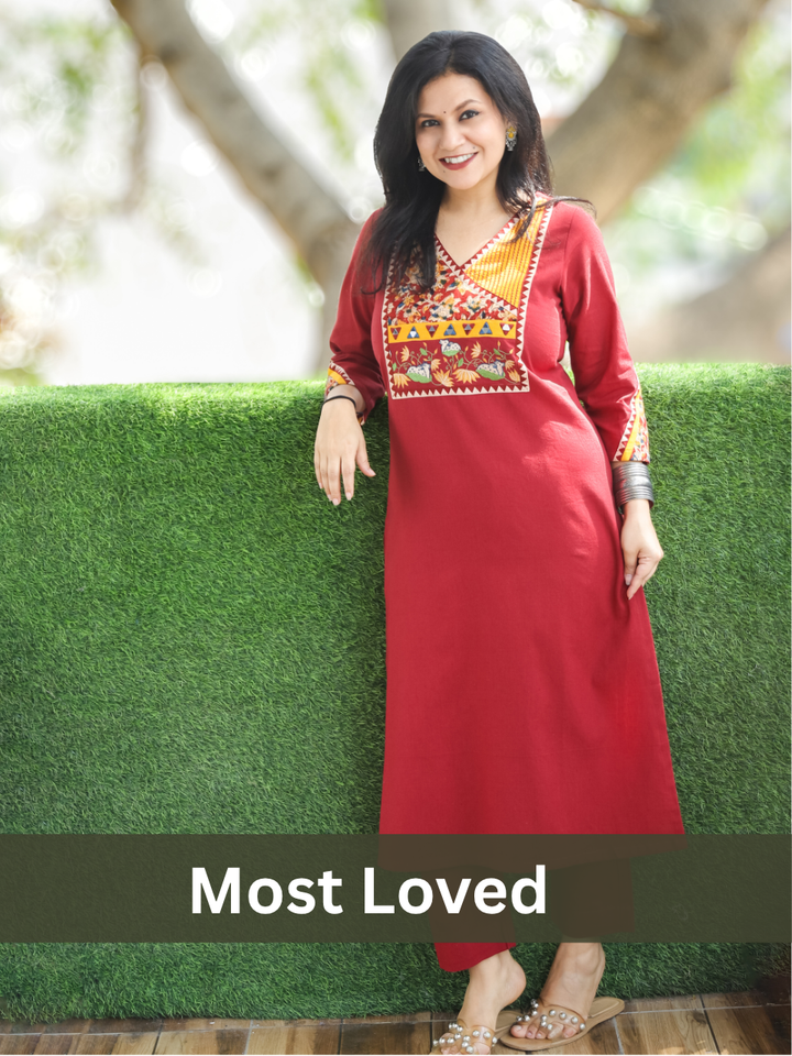 Titli Red Pichwai Embroidered Cotton Kurti