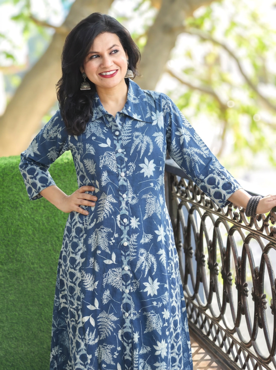 Kriya Prussian Blue Tropical Dabu Printed Button Down Cotton Kurti