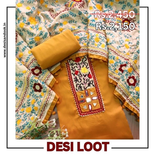 Kanyakumari Dijon Yellow Mirror In Front with Patch Glazed Cotton Suit Set