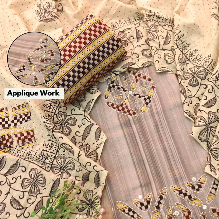 Sadafq Shadow Grey Kalamkari Applique Work Jam Satin Cotton Set