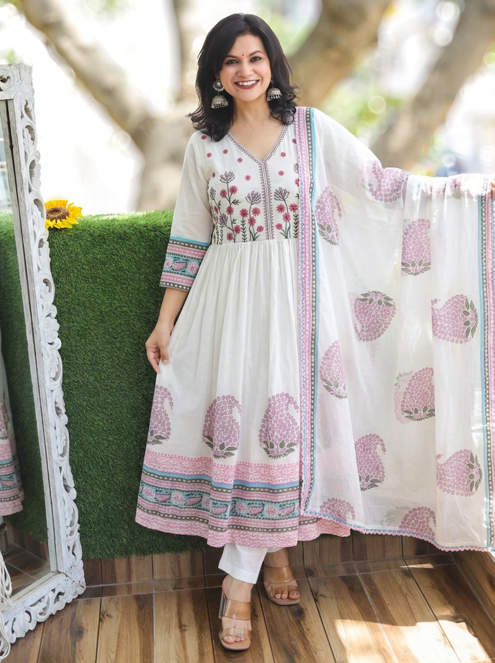 Kira White Pink Anarkali Mul Cotton 3 Piece Set