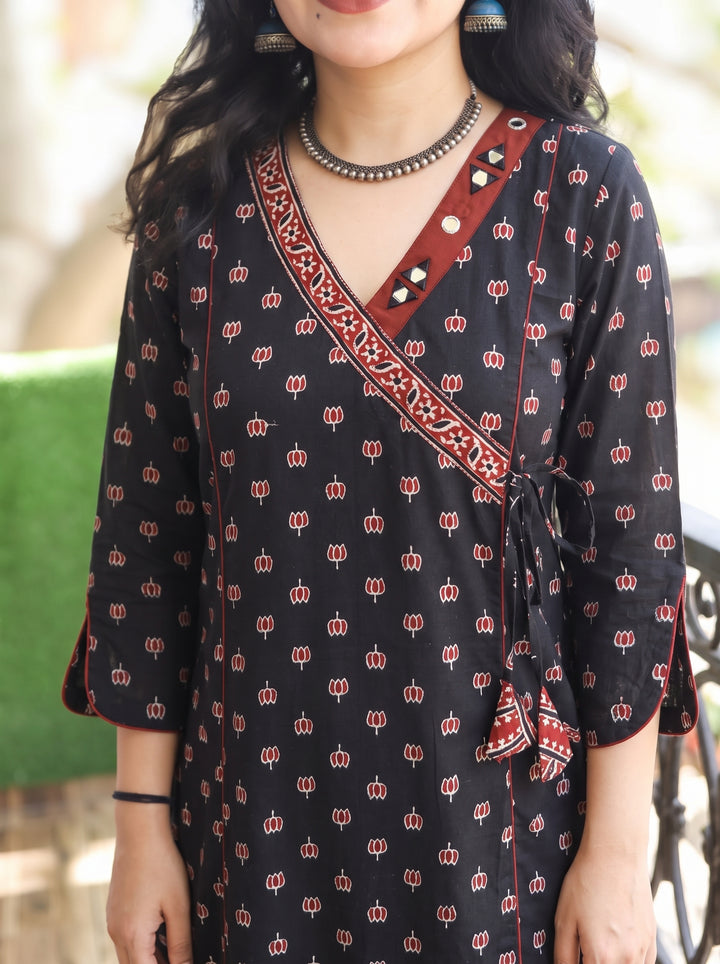 Varsha Ebony Black Angrakha Lotus Panel Cotton Kurti