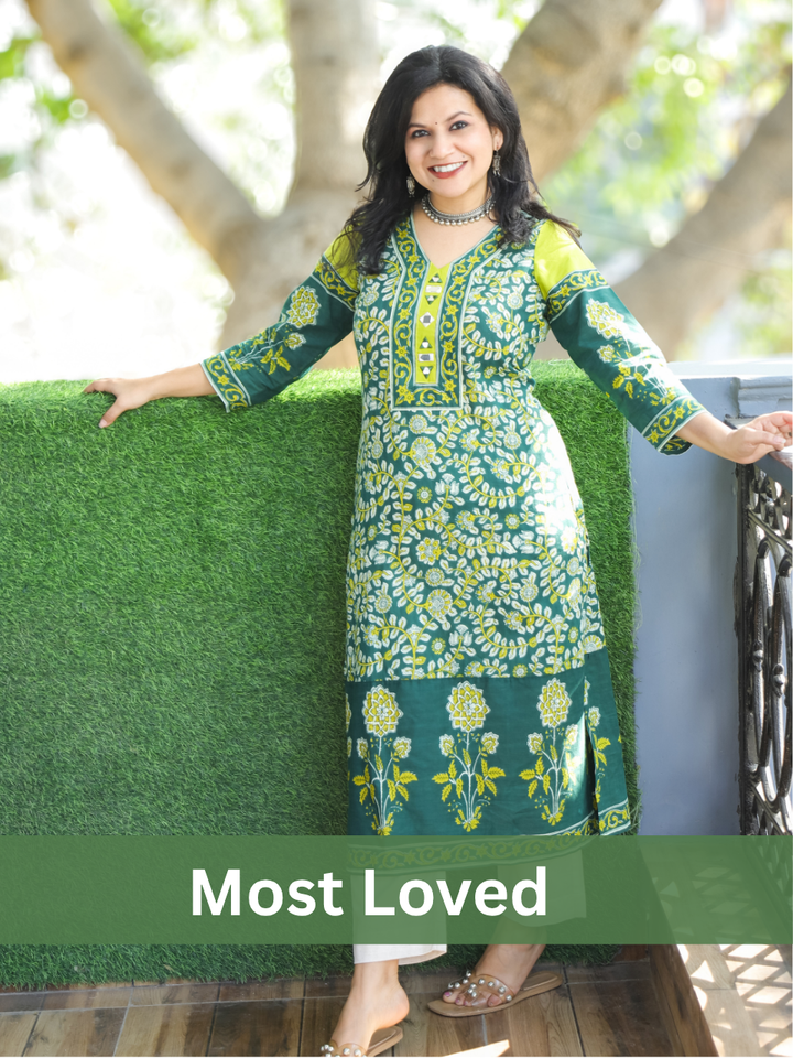Palki Pine Green V Neck Mirror Work Kalamkari Floral Printed Cotton Kurti