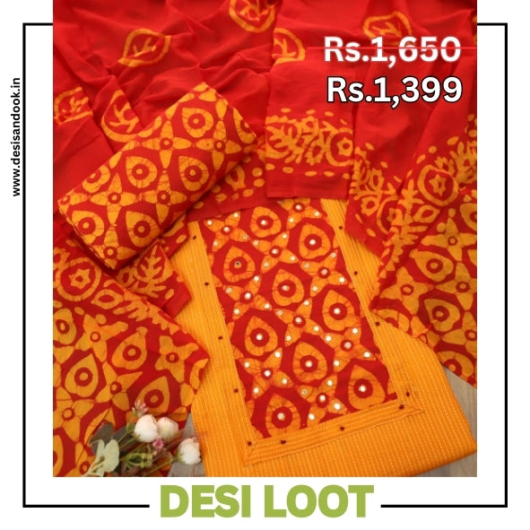 Sanskriti Tangerine Orange Batik Print with Patra Work Rinning Stitch Cotton Suit Set D3