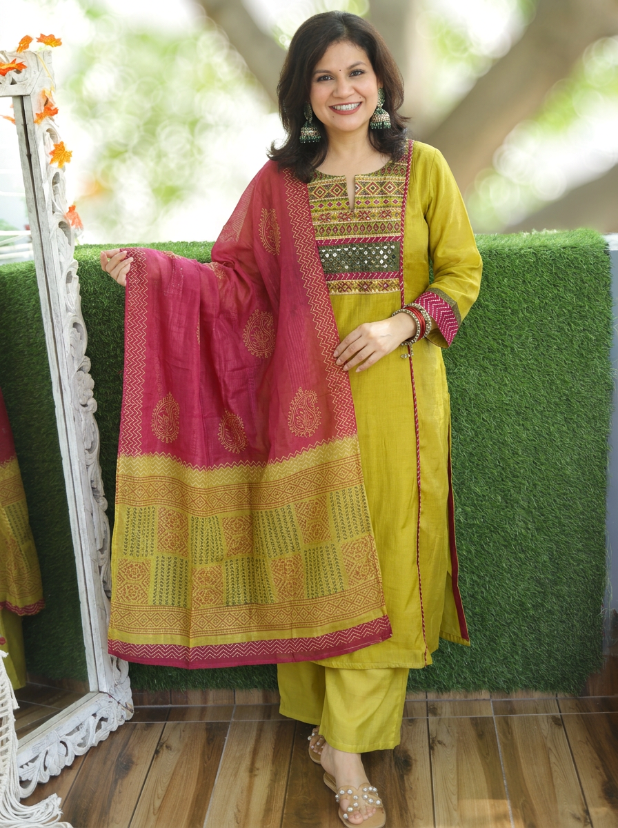 Kashish Lime Yellow Embroidered Panel Style Shimmer Pure Set