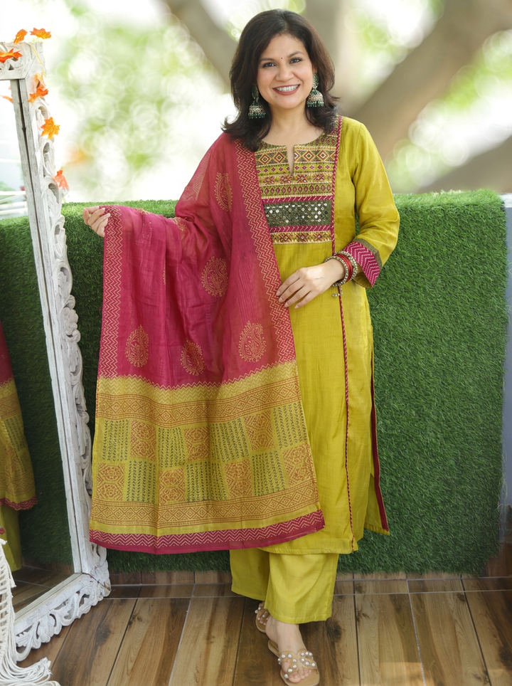 Kashish Lime Yellow Embroidered Panel Style Shimmer Pure Set