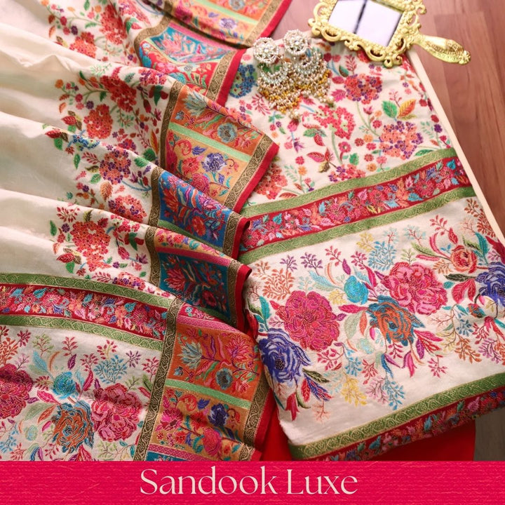 Saraayah Cream Luxe Pochampally Print in Pogishan Jacquard Weaved Gajji Silk Set