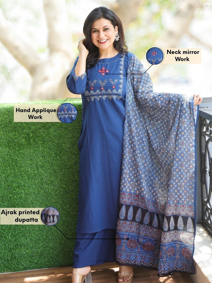 Pankhudi Blueberry Blue Hand Applique with Mirror Work Cotton 3 Piece Set