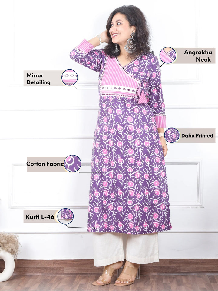 Shaniya Lavish Purple Dabu Print Angrakha Neck with Mirror Work Cotton Kurti