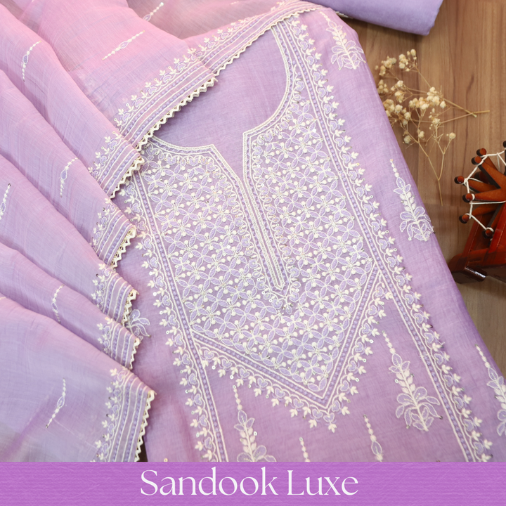 Jeevika Orchid Lavender Blue Embroidered Panel Mul Chanderi Set