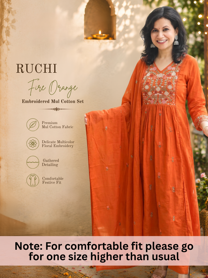 Ruchi Fire Orange Embroidered Mul Cotton 3 Piece Set