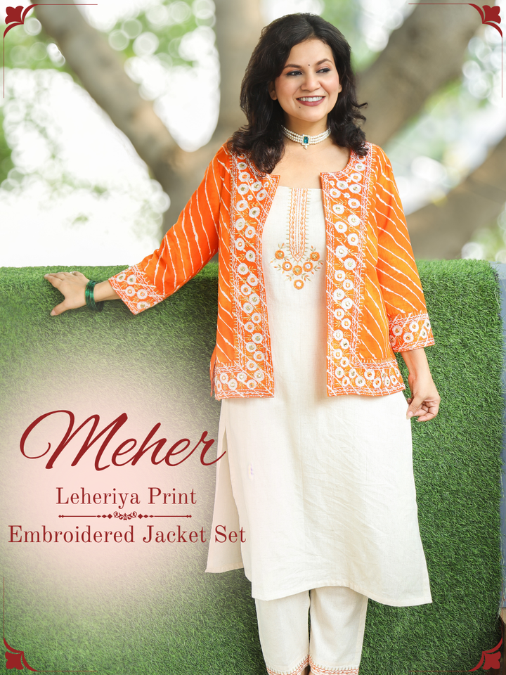 Meher Beige with Orange Leheriya Print Cotton Jacket Set