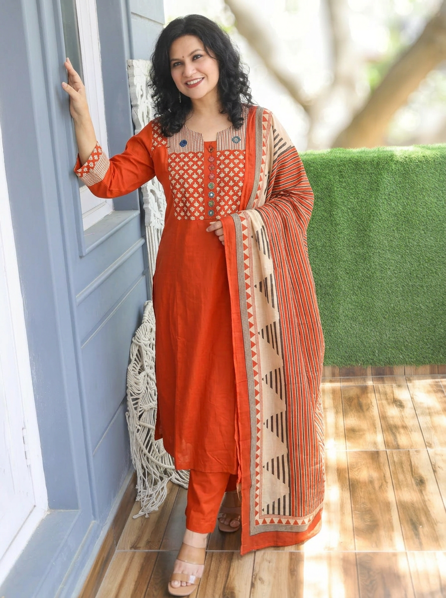 Jessica Rust Orange Mirror Yoke Cotton 3 Piece Set