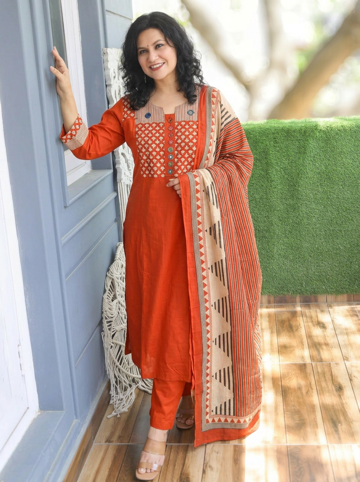 Jessica Rust Orange Mirror Yoke Cotton 3 Piece Set