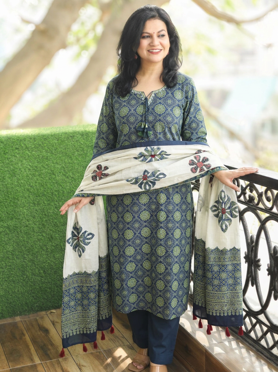 Jessica Cerulean Blue Ajrak Print Cotton 3 Piece Set