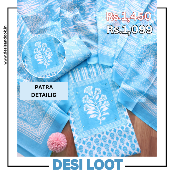 Riwa Dodger Blue Patra Detailing Floral Printed Cotton Suit Set