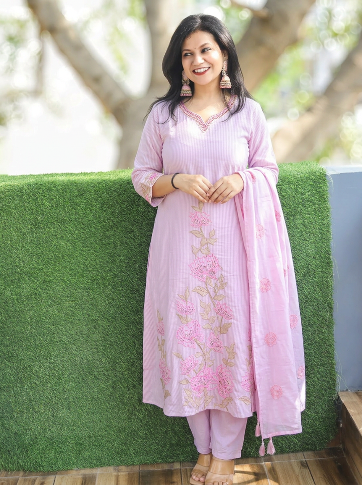 Surbhi Lavender Embroidered Hem Mul Cotton 3 Piece Set