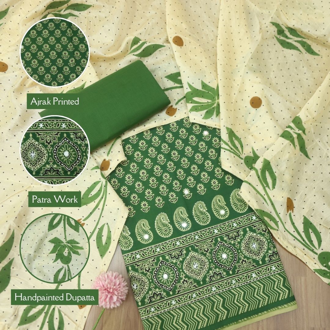 Aayena Kelly Green Patra Detailing in Ajrak Printed Cotton Suit Set D1