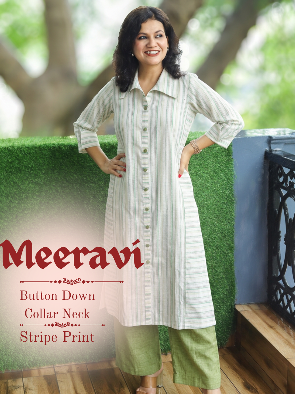 Meeravi White Green Stripe Print Cotton Co-ord Set