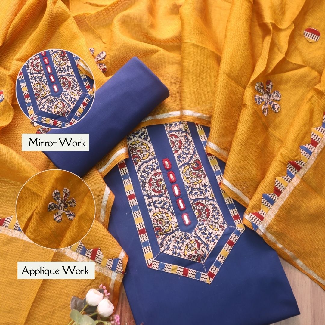 Maahi Royal Blue Mirror Work with Kalamkari Patch Cotton Suit Set