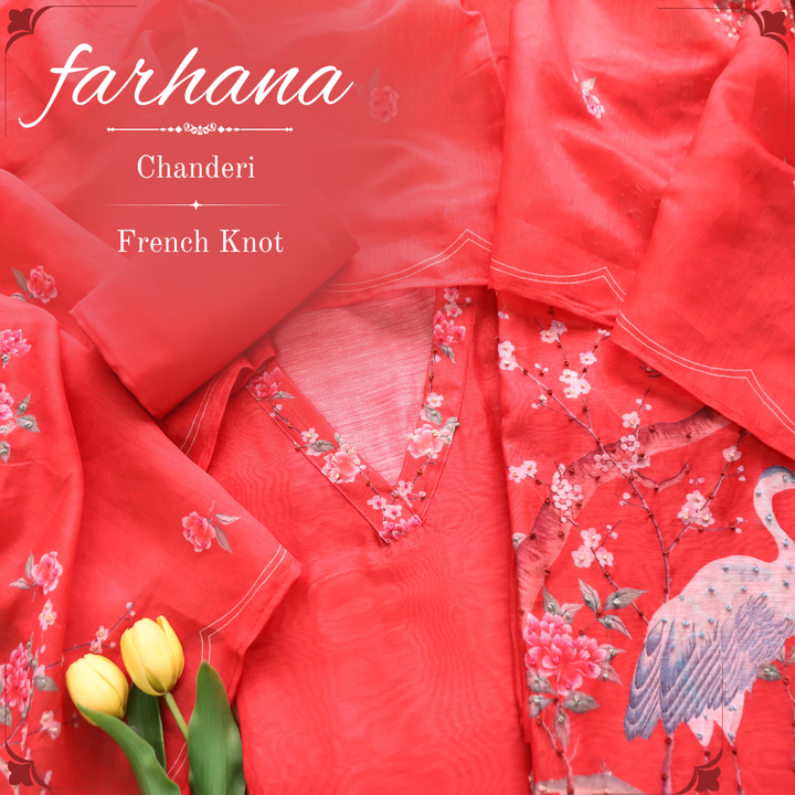 Farhana Berry Red French Knot Work Printed Hem Chandert Set