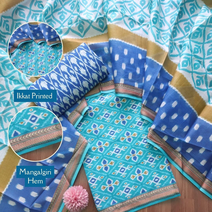 Kaasvi Aqua Blue Ikkat Printed Mangalgiri Hem Work Cotton Suit Set-D2