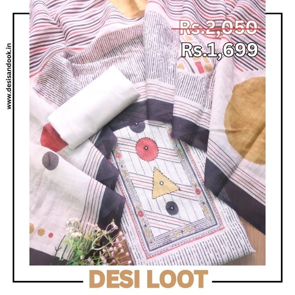 Rangoli Frappe Beige Sequine Work Digital Printed Cotton Linen Suit Set