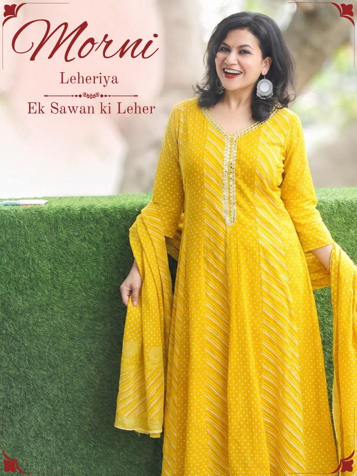 Morni Corn Yellow Leheriya Mul Cotton 3 Piece Set