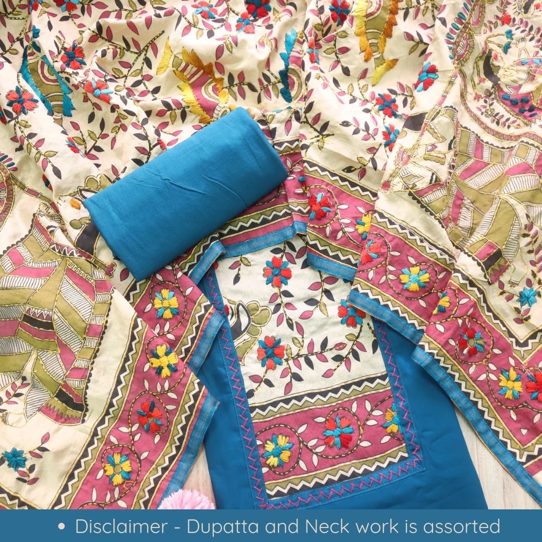 Farishta Dodger Blue Kantha Phulkari Fusion Work Glazed Cotton Suit Set D2