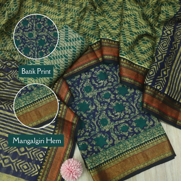 जीनत Deep Blue Floral Printed Mangalgiri Hem Work Cotton Suit Set