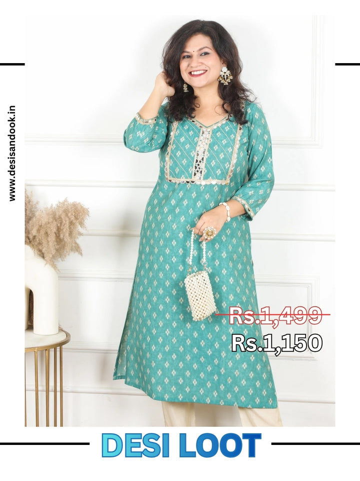 Kashish Pale Cyan Teal Mirror Work Lace Yoke in Foil Work Printed Modal Kurti