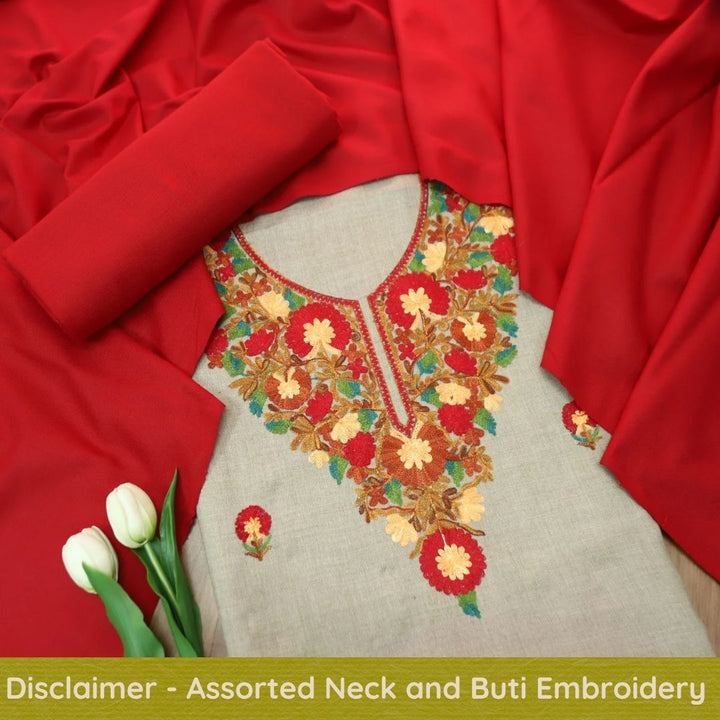 अमाया Sand Beige with Red Kashida Embroidery Neck Semi Pashmina Winter Set