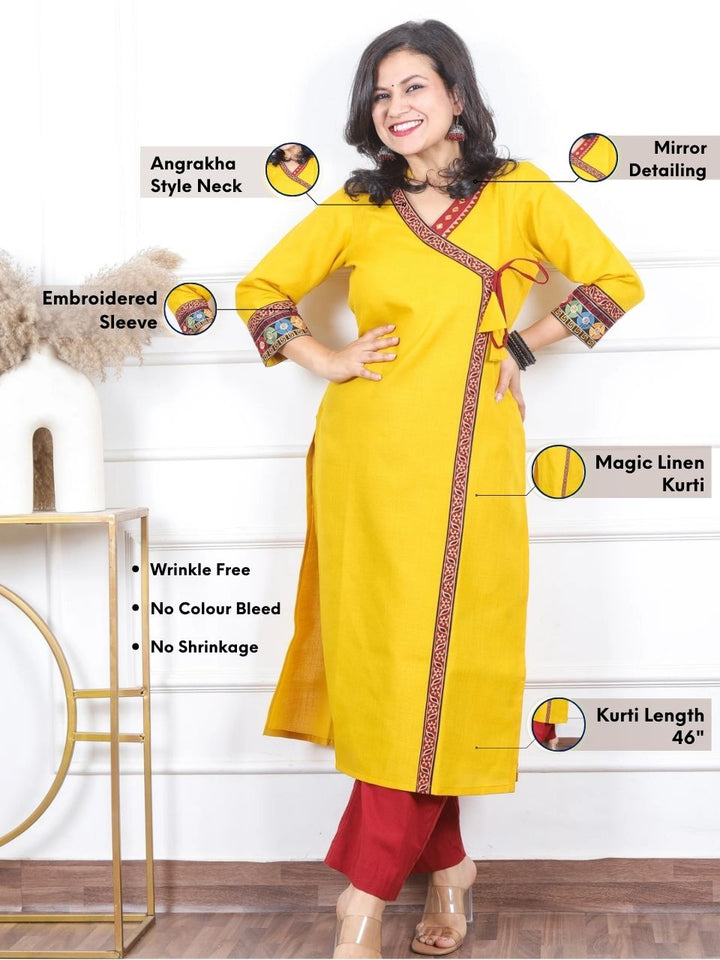 Raavi Beetle Yellow Angrakha Style Long Neck Lace Work Magic Linen Kurti