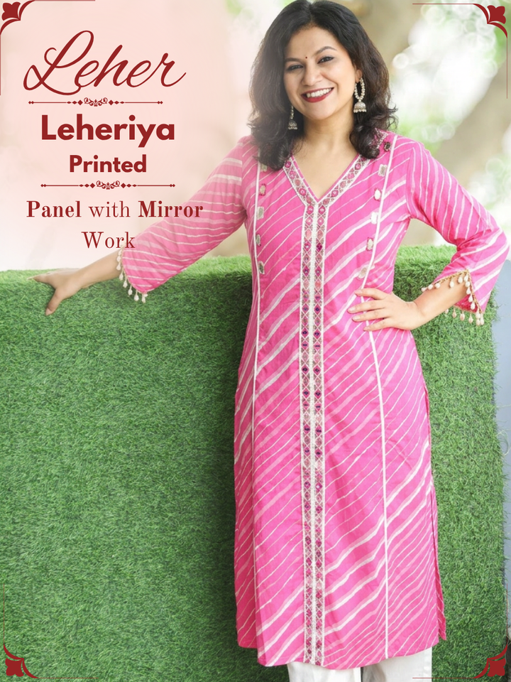 Leher Flamingo Pink Embroidered Lace Panel Leheriya Cotton Kurti