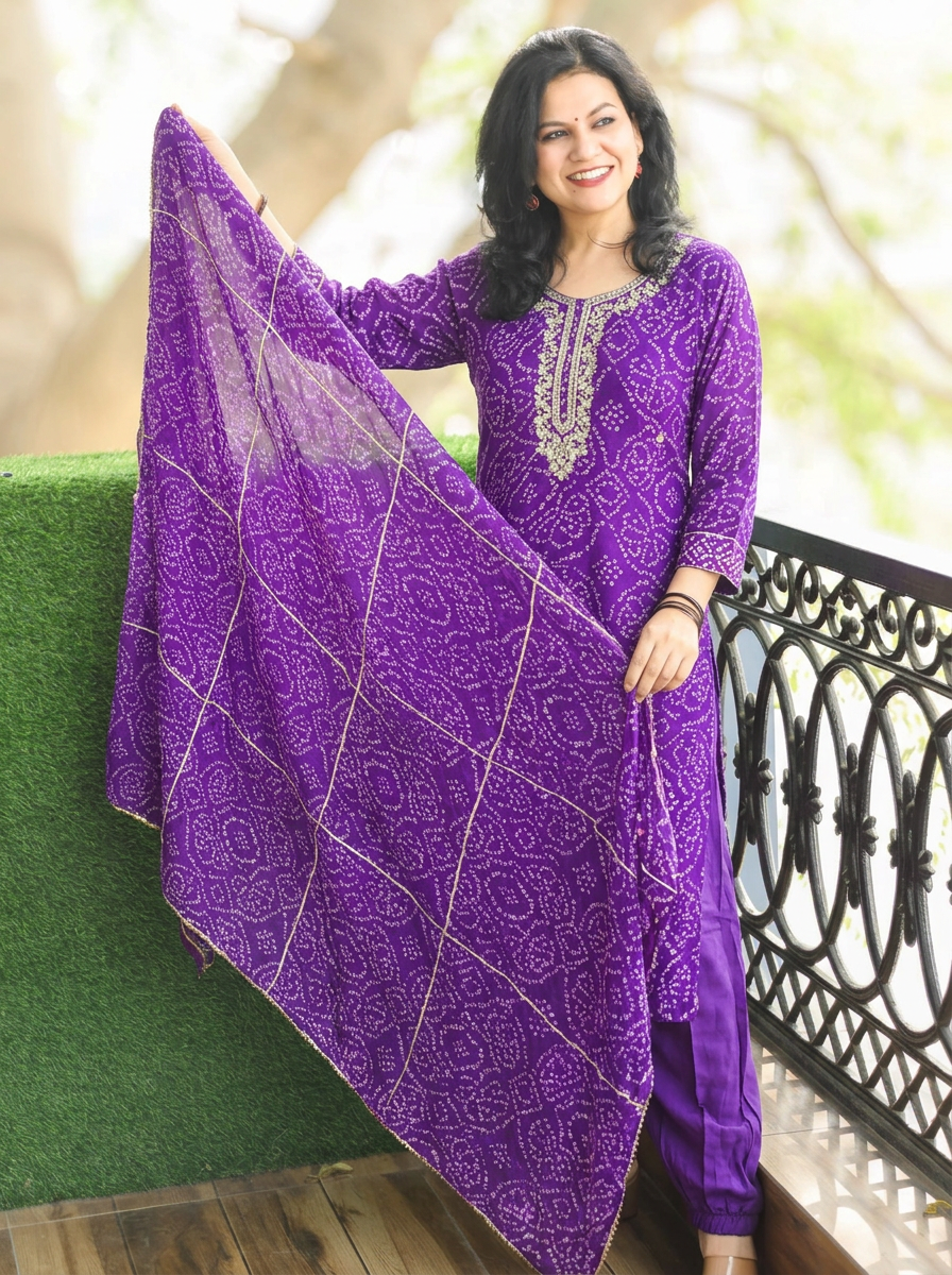 Bahaar Purple Embellished Bandhani Georgette 3 Piece Set