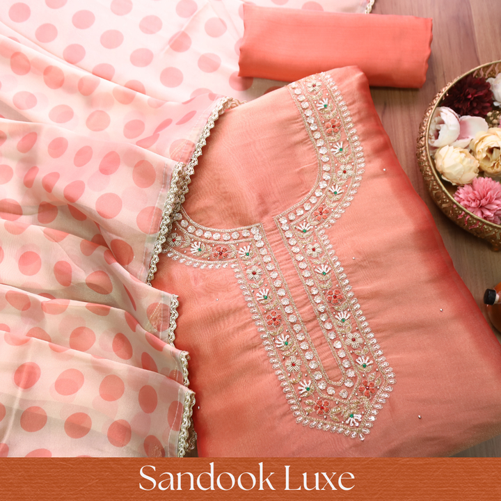 Avinya Chrome Orange Embellished Shimmer Tissue Organza Set