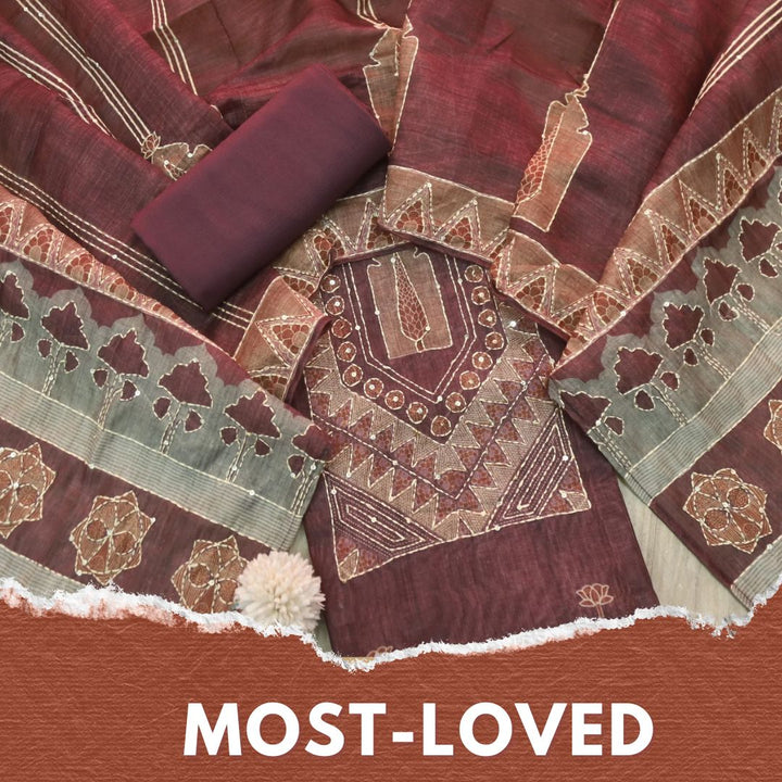 Ibadat Barn Brown Kantha Neck Work Chanderi Suit Set