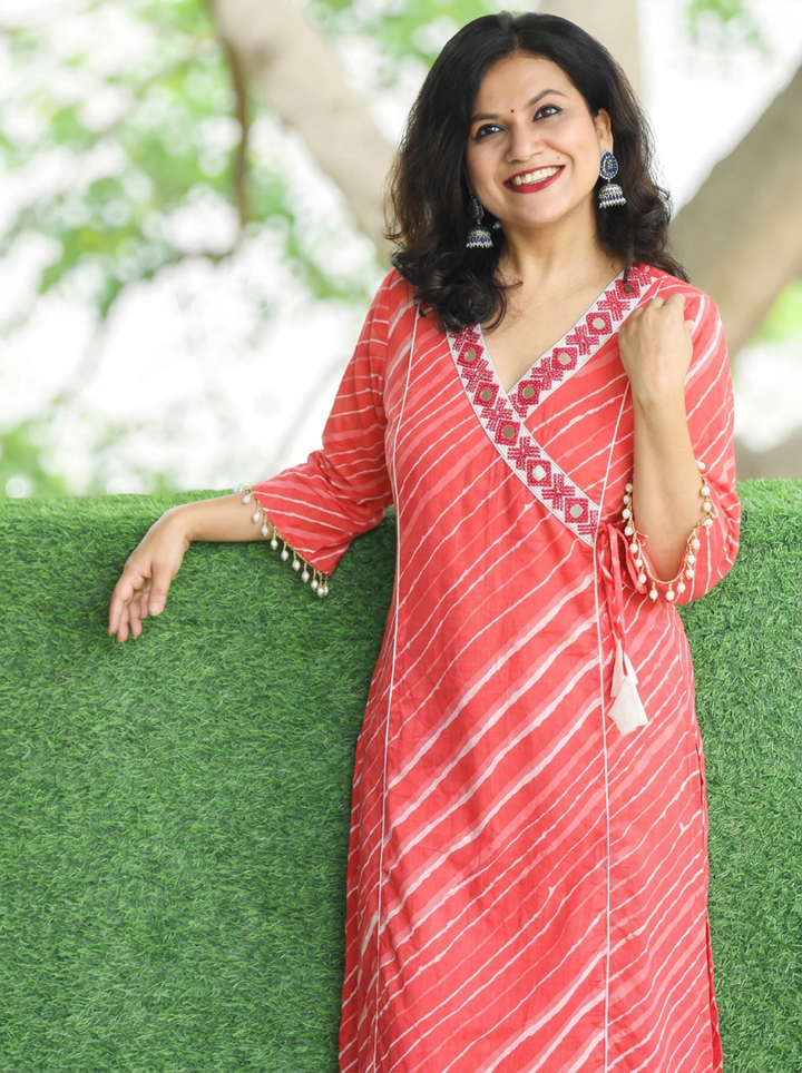 Lehar Rose Pink Panel Style Leheriye Cotton Kurti