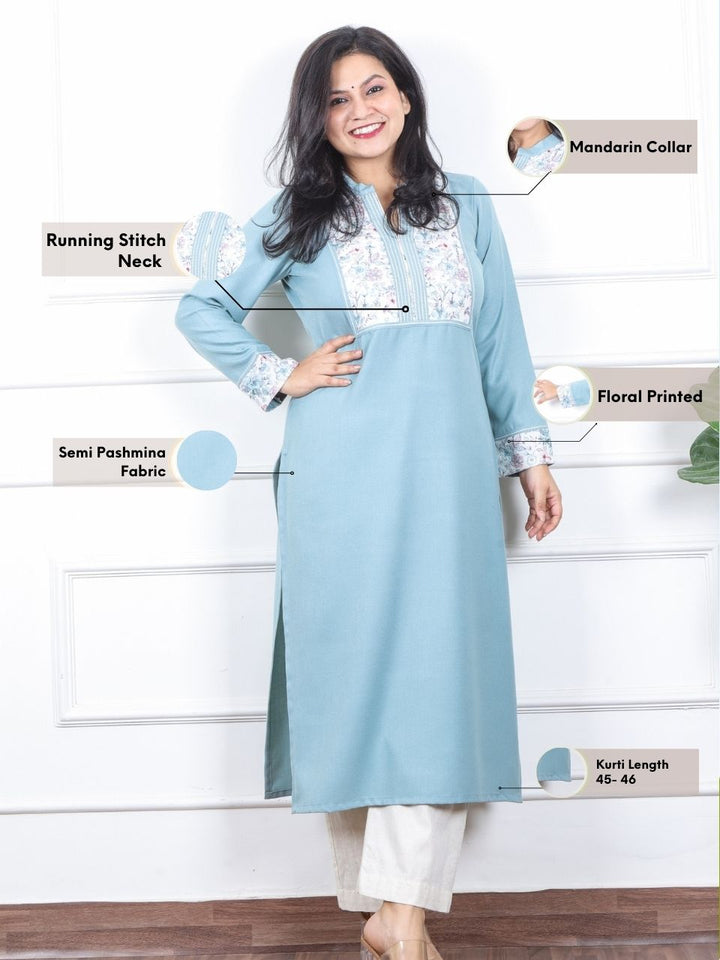 छाया Powder Blue Floral Printed Patch in Semi Pashmina Winter Kurti