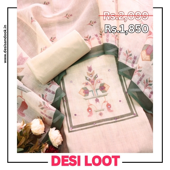 Fanaa Shell White Digital Print with Patra and Moti Work Shimmer Linen Set