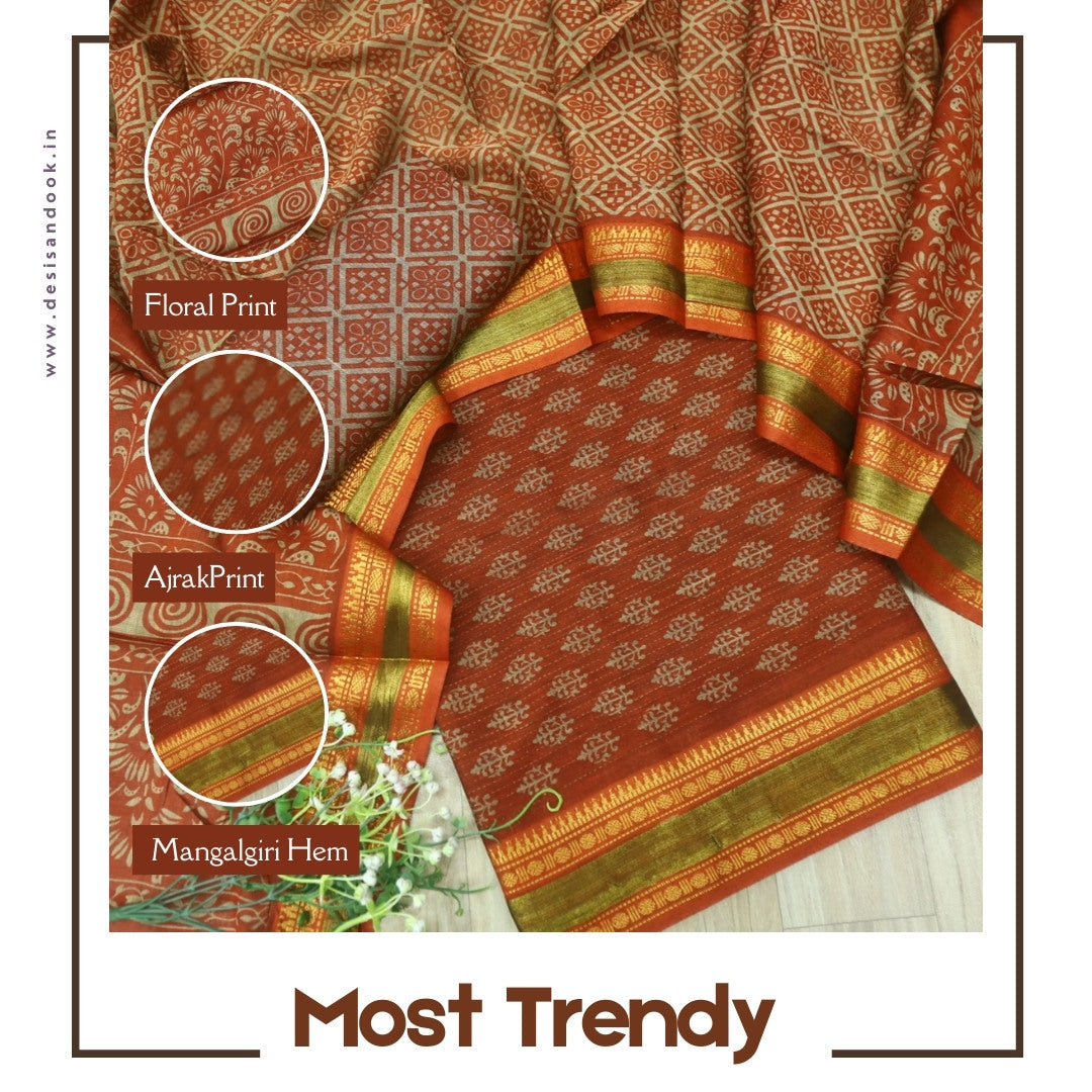 इश्कखुमारी Rust Orange Printed Work With Mangalgiri Hem Cotton Set