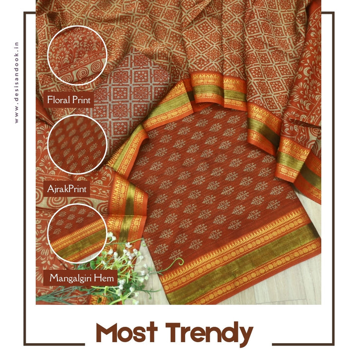 इश्कखुमारी Rust Orange Printed Work With Mangalgiri Hem Cotton Set