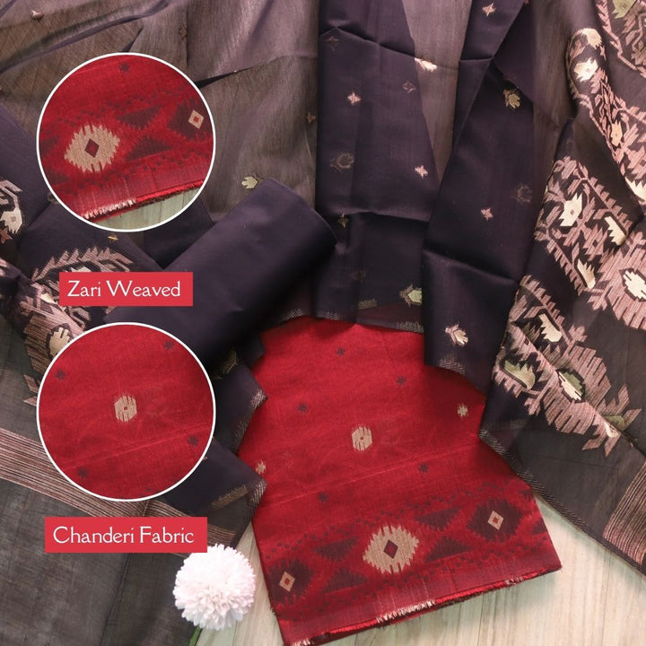 Khayal Bride Red in Zari with Authentic Jamdani Top and Dupatta Suit Set