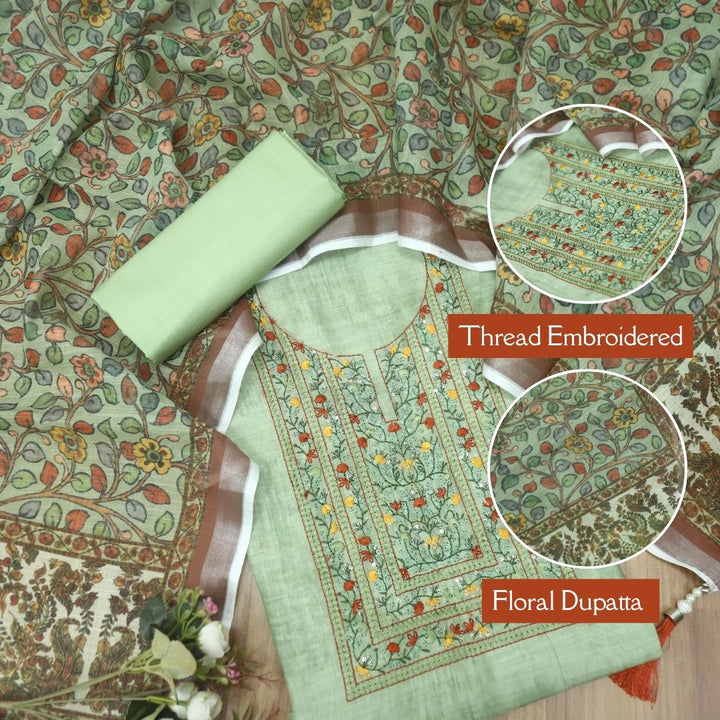 Fanaa Fern Green Thread Embroidered Work Cotton Linen Suit Set