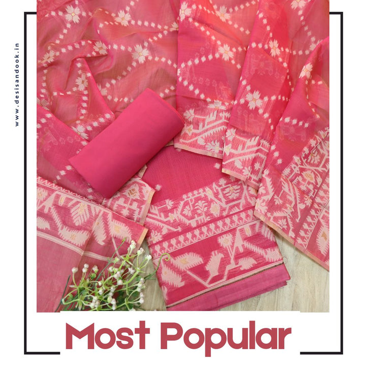 Tejasvi Flamingo Pink Authentic Jamdani Weaved Detailing Suit Set