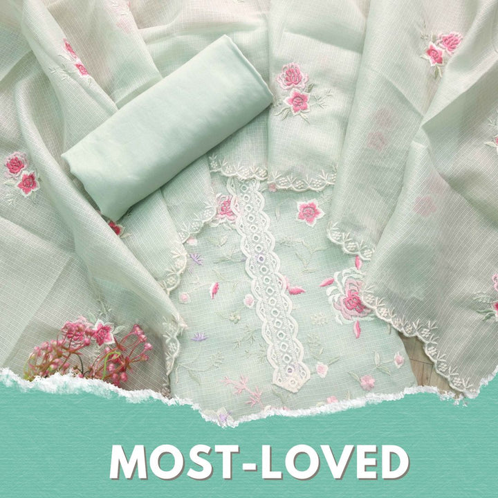 Fitoor Mint Green Lace Patch with Floral Thread Embroidered Kota Doriya suit Set