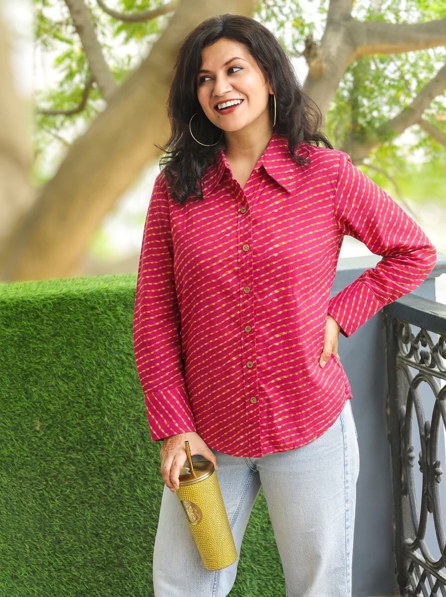 Leher Rani Red Leheriya Print Wood Button Cotton Shirt