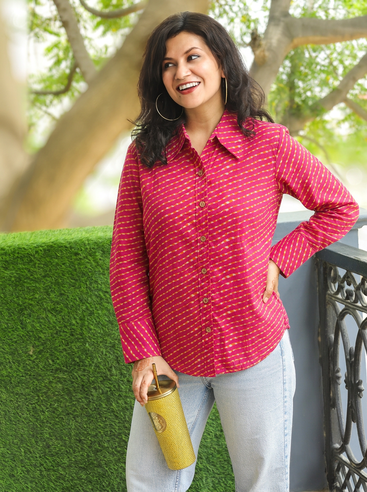 Leher Rani Red Leheriya Print Wood Button Cotton Shirt