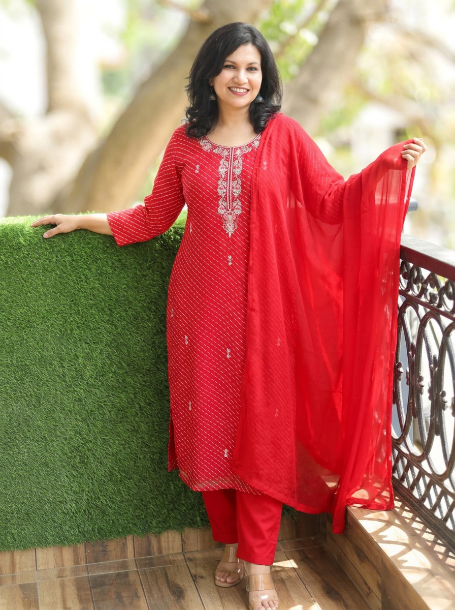 Leher Rani Red Embellished Leheriya Georgette 3 Piece Set
